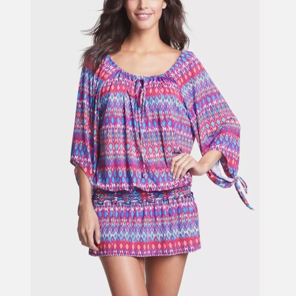 La Blanca Size Small Red Blue Ikat Knotted Sleeve Cover Up Dress Resortwear